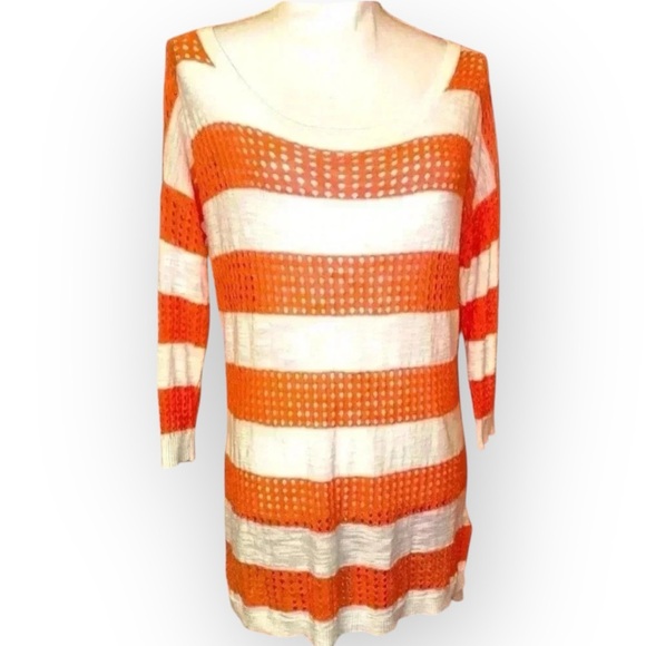 Express Orange & White Wide Striped Scoop Sweater Petite Small - Picture 1 of 7